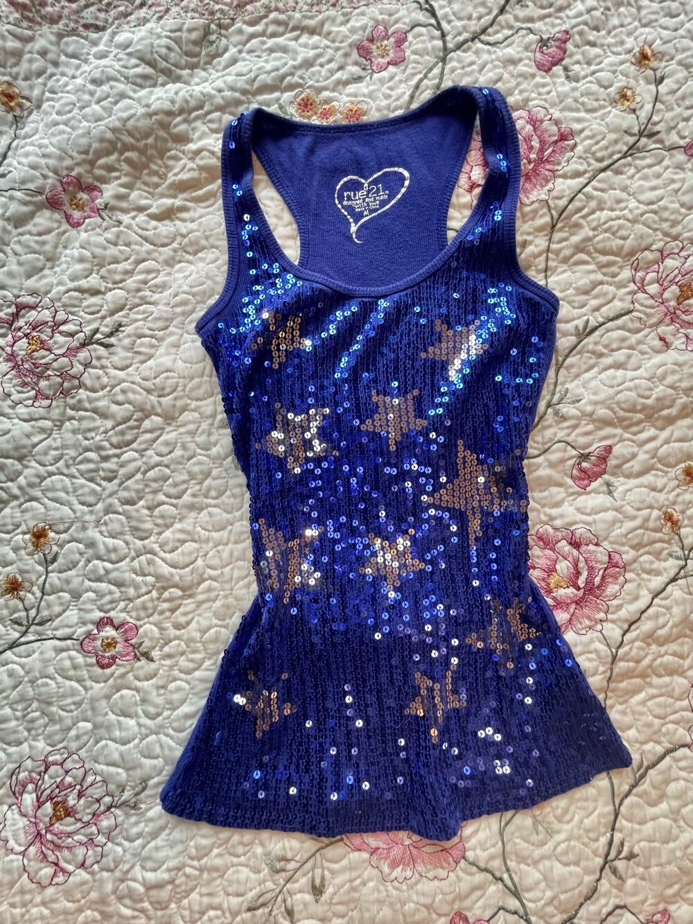vintage rue 21 blue and silver sequin star tank top